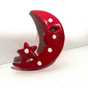 Adorable Whimsical Crescent Moon & Star Red Polka Dot Vintage Brooch Pin